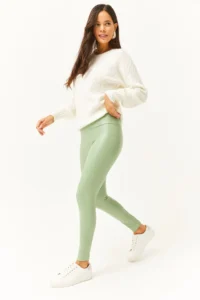 Olalook Women's Green High Waist Leather Look Leggings with Polar Inside - Image 3