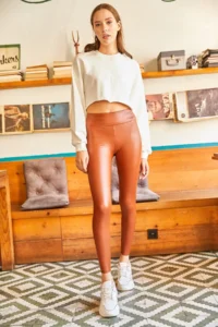 Olalook Women's Tan Fleece High Waist Leather Look Leggings - Image 2