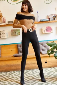 Olalook Women Black Suede Binici Leggings