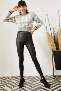 Olalook Women's Black High Waist Fleece Matte Faux Leather Leggings
