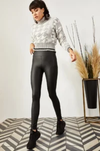 Olalook Women's Black High Waist Fleece Matte Faux Leather Leggings - Image 3