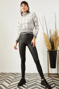 Olalook Women's Black High Waist Fleece Matte Faux Leather Leggings - Image 4