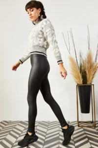 Olalook Women's Black High Waist Fleece Matte Faux Leather Leggings - Image 5
