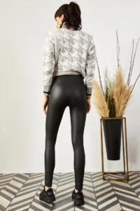 Olalook Women's Black High Waist Fleece Matte Faux Leather Leggings - Image 6