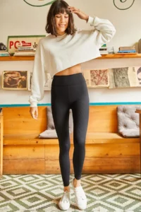 Olalook Women Black High Waist Ribbed Leggings