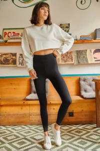 Olalook Women Black High Waist Ribbed Leggings - Image 2