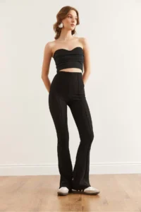 Olalook Women's Black Flare Leg Ribbed Leggings - Image 2