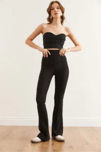 Olalook Women's Black Flare Leg Ribbed Leggings - Image 3