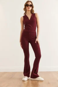 Olalook Women's Burgundy Flare Leg Ribbed Leggings - Image 2