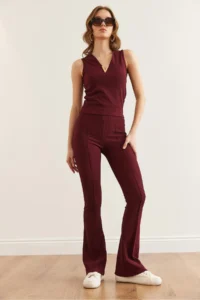 Olalook Women's Burgundy Flare Leg Ribbed Leggings - Image 3