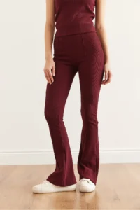 Olalook Women's Burgundy Flare Leg Ribbed Leggings - Image 4