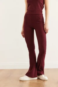 Olalook Women's Burgundy Flare Leg Ribbed Leggings - Image 5