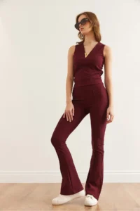 Olalook Women's Burgundy Flare Leg Ribbed Leggings - Image 6