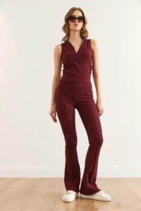 Olalook Women's Burgundy Flare Leg Ribbed Leggings - Image 7