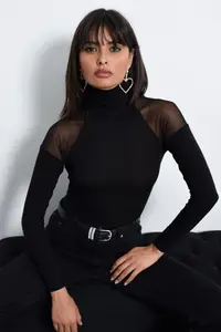 Cool & Sexy Women Black Shoulders Tulle Blouse
