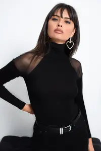 Cool & Sexy Women Black Shoulders Tulle Blouse - Image 2