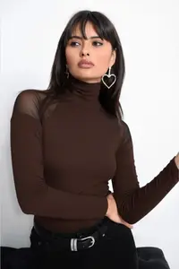 Cool & Sexy Women Brown Shoulders Tulle Blouse