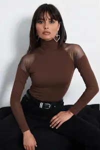 Cool & Sexy Women Brown Shoulders Tulle Blouse - Image 2