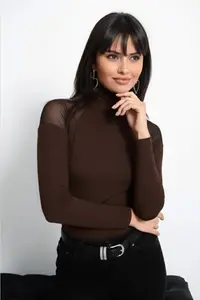 Cool & Sexy Women Brown Shoulders Tulle Blouse - Image 4