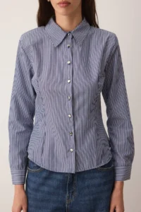 TRENDYOLMİLLA Navy Blue-White Striped Silver Button Detailed Padded Shirt - Image 3