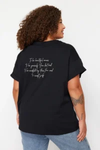 Trendyol Curve Black Crew Neck Back Printed 100% Cotton Knitting T-Shirt - Image 2