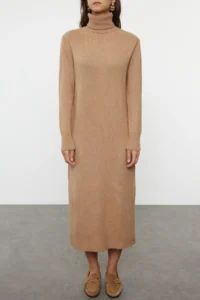 TRENDYOLMİLLA Camel Midi Wide Pattern Soft textured Knit Dress - Image 3