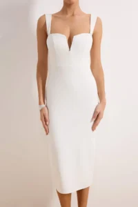 TRENDYOLMİLLA Ecru Stone Accessory Detailed Weaving Midi Elegant/Evening Dress - Image 3
