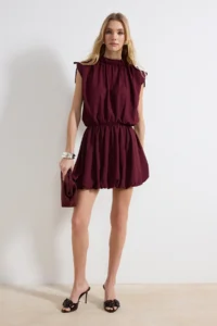 TRENDYOLMİLLA Plum Balloon Skirt Detailed Short / Mini Weaving Dress - Image 2