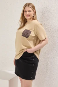Trendyol Curve Beige Oversized animals Printed Pocket detailed 100% Cotton Knitting Plus Size T-Shirt