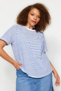 Trendyol Curve Navy Blue Striped Crew Neck Striped Knitting T-Shirt - Image 3