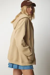 Happiness İstanbul Women's Camel Hooded Zippered Oversized Sweatshirt - Image 3