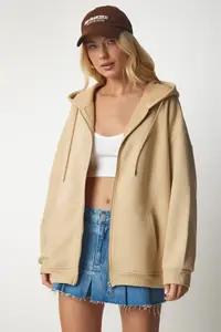 Happiness İstanbul Women's Camel Hooded Zippered Oversized Sweatshirt - Image 4