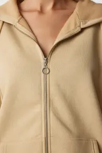 Happiness İstanbul Women's Camel Hooded Zippered Oversized Sweatshirt - Image 5