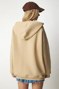 Happiness İstanbul Women's Camel Hooded Zippered Oversized Sweatshirt - Image 6