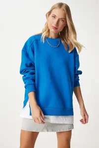 Happiness İstanbul Women's Blue Zipper Detailed Raised Knitted Sweatshirt