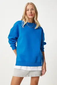 Happiness İstanbul Women's Blue Zipper Detailed Raised Knitted Sweatshirt - Image 3