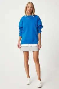 Happiness İstanbul Women's Blue Zipper Detailed Raised Knitted Sweatshirt - Image 4