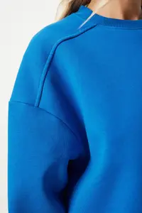 Happiness İstanbul Women's Blue Zipper Detailed Raised Knitted Sweatshirt - Image 6