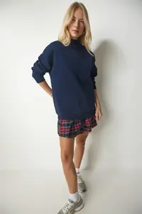 Happiness İstanbul Women's Navy Blue Stand-up Collar Basic Ruffled Sweatshirt - Image 2