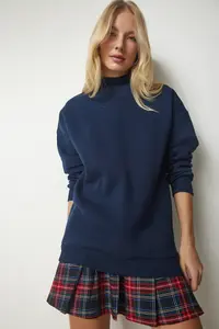 Happiness İstanbul Women's Navy Blue Stand-up Collar Basic Ruffled Sweatshirt - Image 3