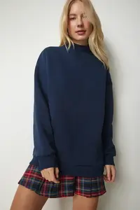 Happiness İstanbul Women's Navy Blue Stand-up Collar Basic Ruffled Sweatshirt - Image 4