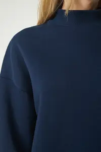 Happiness İstanbul Women's Navy Blue Stand-up Collar Basic Ruffled Sweatshirt - Image 5