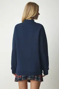 Happiness İstanbul Women's Navy Blue Stand-up Collar Basic Ruffled Sweatshirt - Image 6
