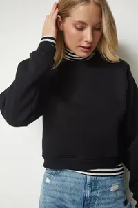 Happiness İstanbul Women Black Fleece Crop Sweatshirt