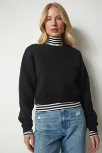 Happiness İstanbul Women Black Fleece Crop Sweatshirt - Image 2
