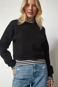 Happiness İstanbul Women Black Fleece Crop Sweatshirt - Image 3