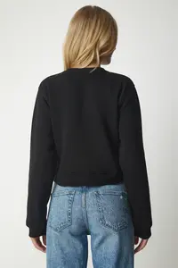 Happiness İstanbul Women Black Fleece Crop Sweatshirt - Image 5