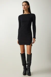 Happiness İstanbul Women's Black Mini Slit Ribbed Knitted Dress - Image 2
