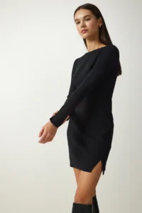 Happiness İstanbul Women's Black Mini Slit Ribbed Knitted Dress - Image 3