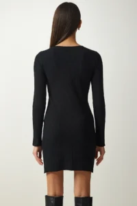 Happiness İstanbul Women's Black Mini Slit Ribbed Knitted Dress - Image 6